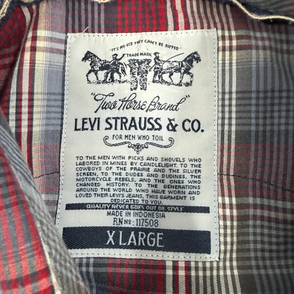 Levi Western Shirt Mens XL Pearl Snap Red Blue Plaid Vintage Cowboy Workwear
